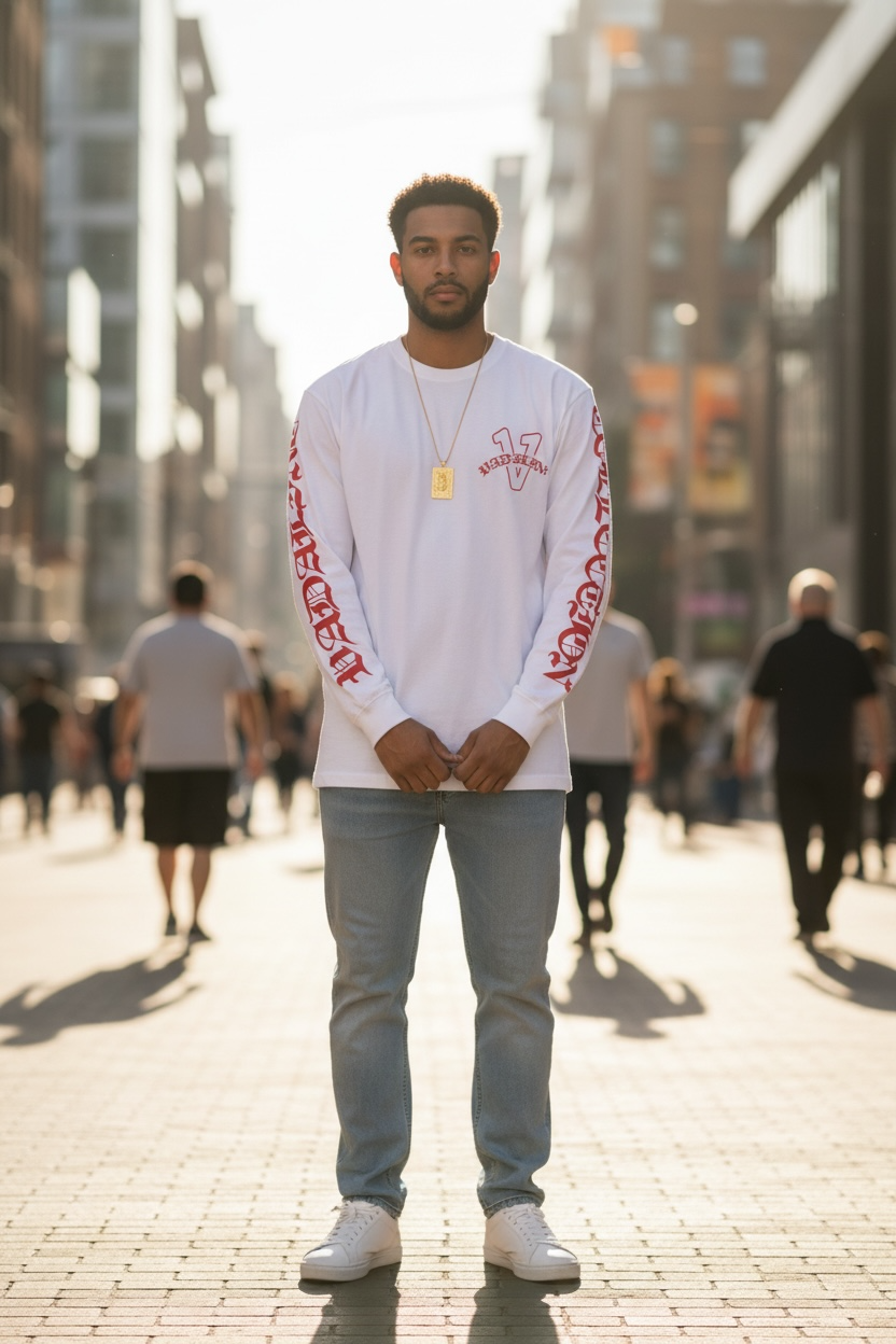 Old English white/red vadaline long sleeve T-shirt