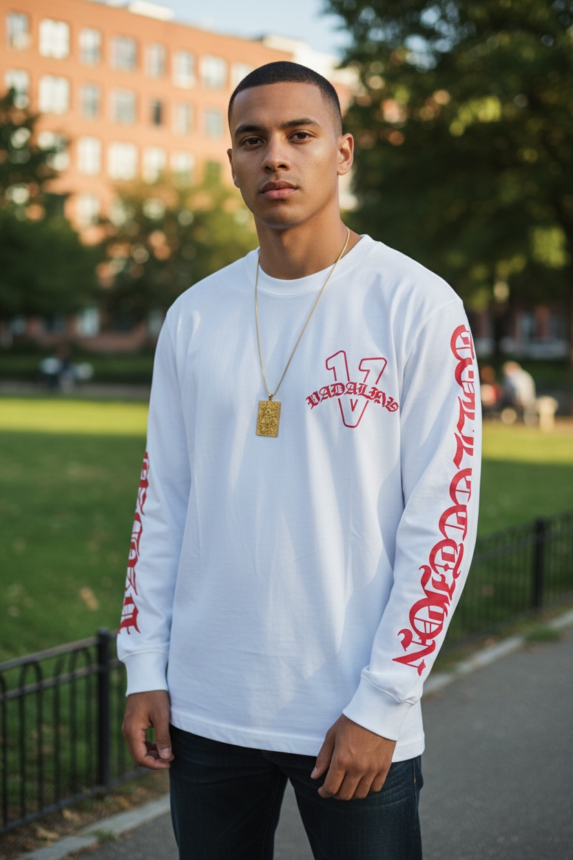 Old English white/red vadaline long sleeve T-shirt