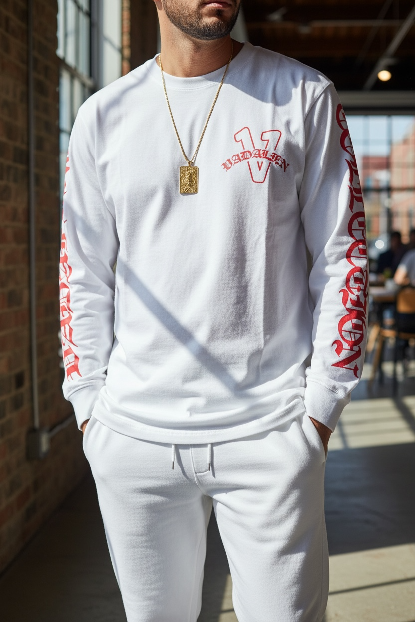 Old English white/red vadaline long sleeve T-shirt