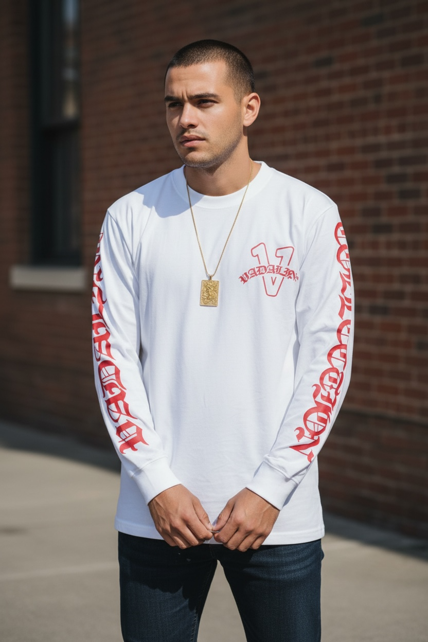 Old English white/red vadaline long sleeve T-shirt