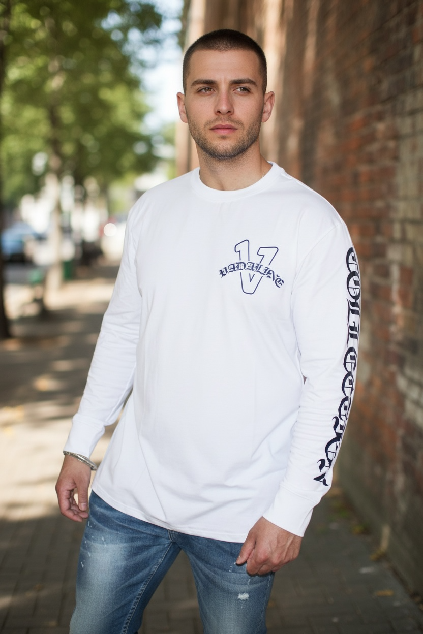 Old English white/midnight navy blue vadaline long sleeve T-shirt