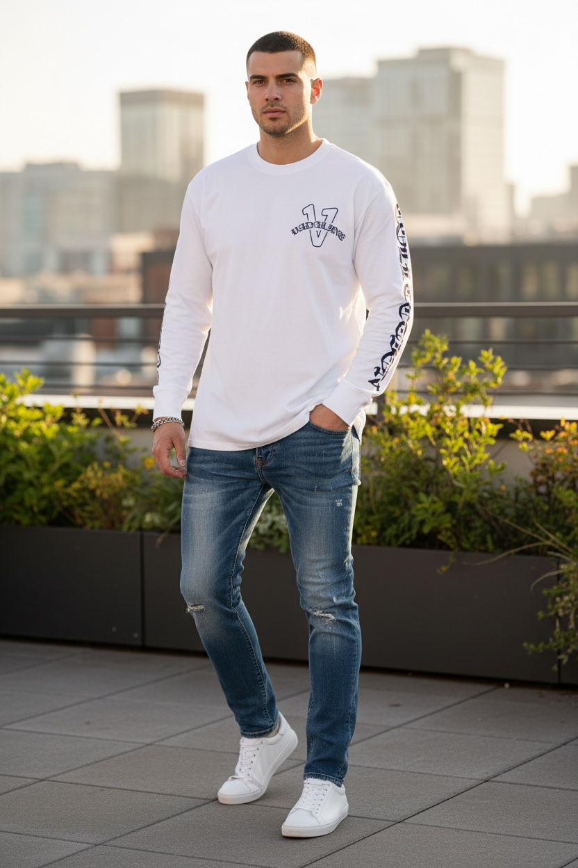Old English white/midnight navy blue vadaline long sleeve T-shirt
