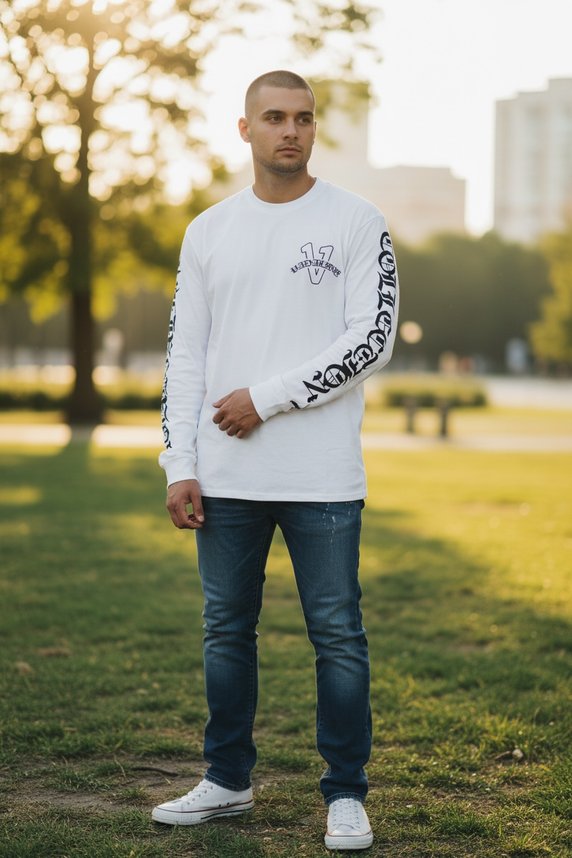 Old English white/midnight navy blue vadaline long sleeve T-shirt