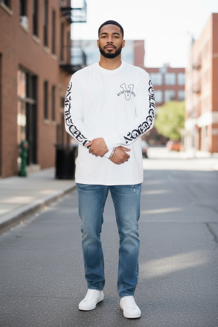 Old English white/midnight navy blue vadaline long sleeve T-shirt