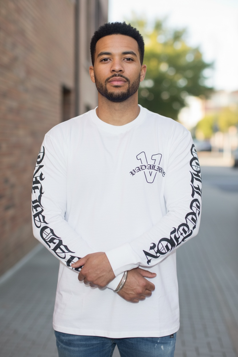 Old English white/midnight navy blue vadaline long sleeve T-shirt